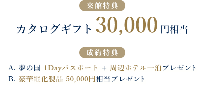 来館特典：カタログギフト30,000円相当／成約特典：A. 夢の国 1Dayパスポート + 周辺ホテル一泊プレゼント